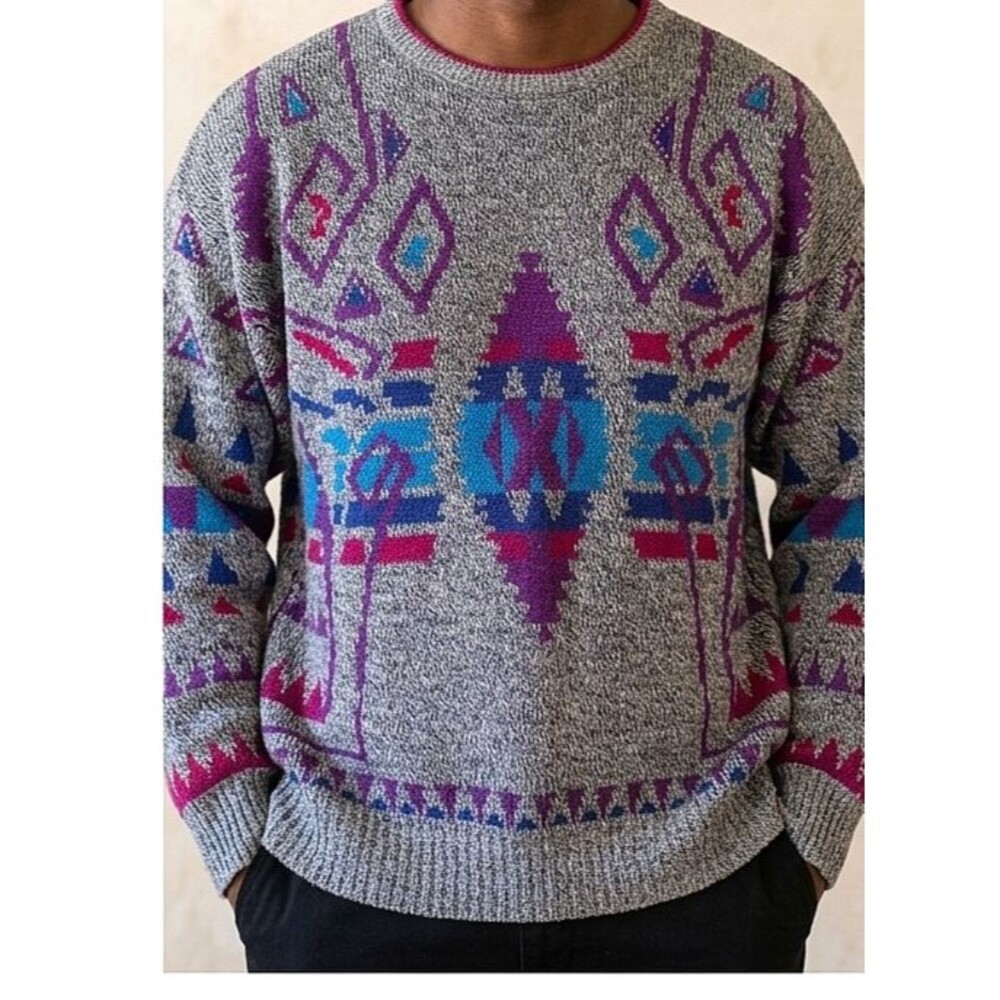 VTG Sergio Unisex 80s 90s Geometric Abstract Pullover Size XL Marled Grey